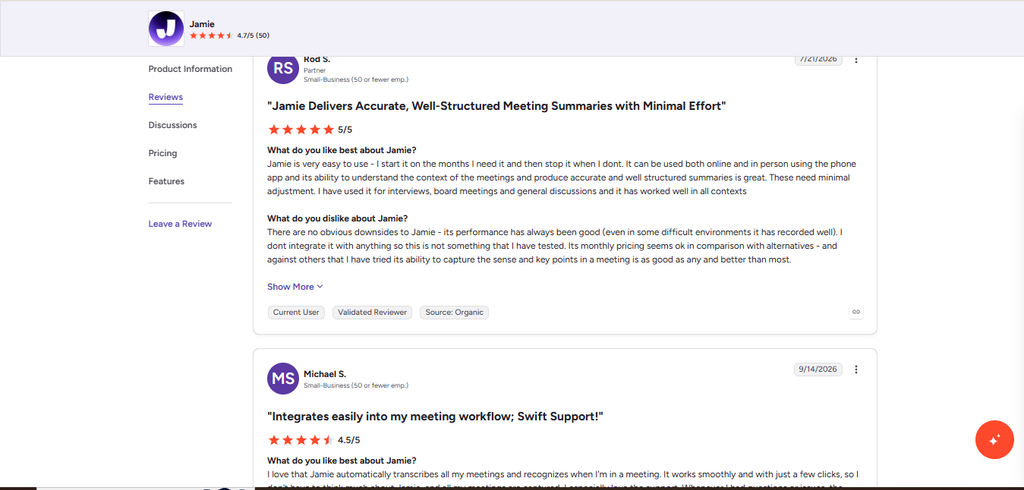 Jamie AI G2 reviews rating 4.7 out of 5 stars