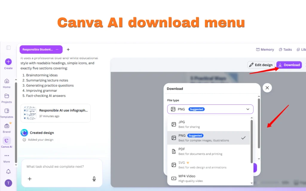 Canva AI download menu showing PNG JPG and PDF export options