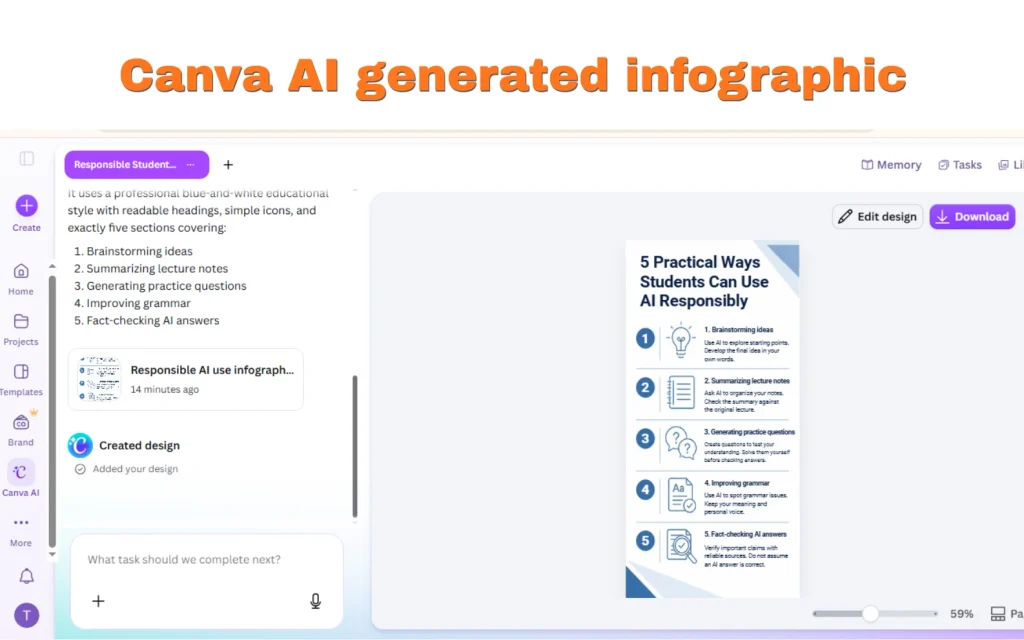 Canva AI generated infographic showing five practical ways students can use AI responsibly